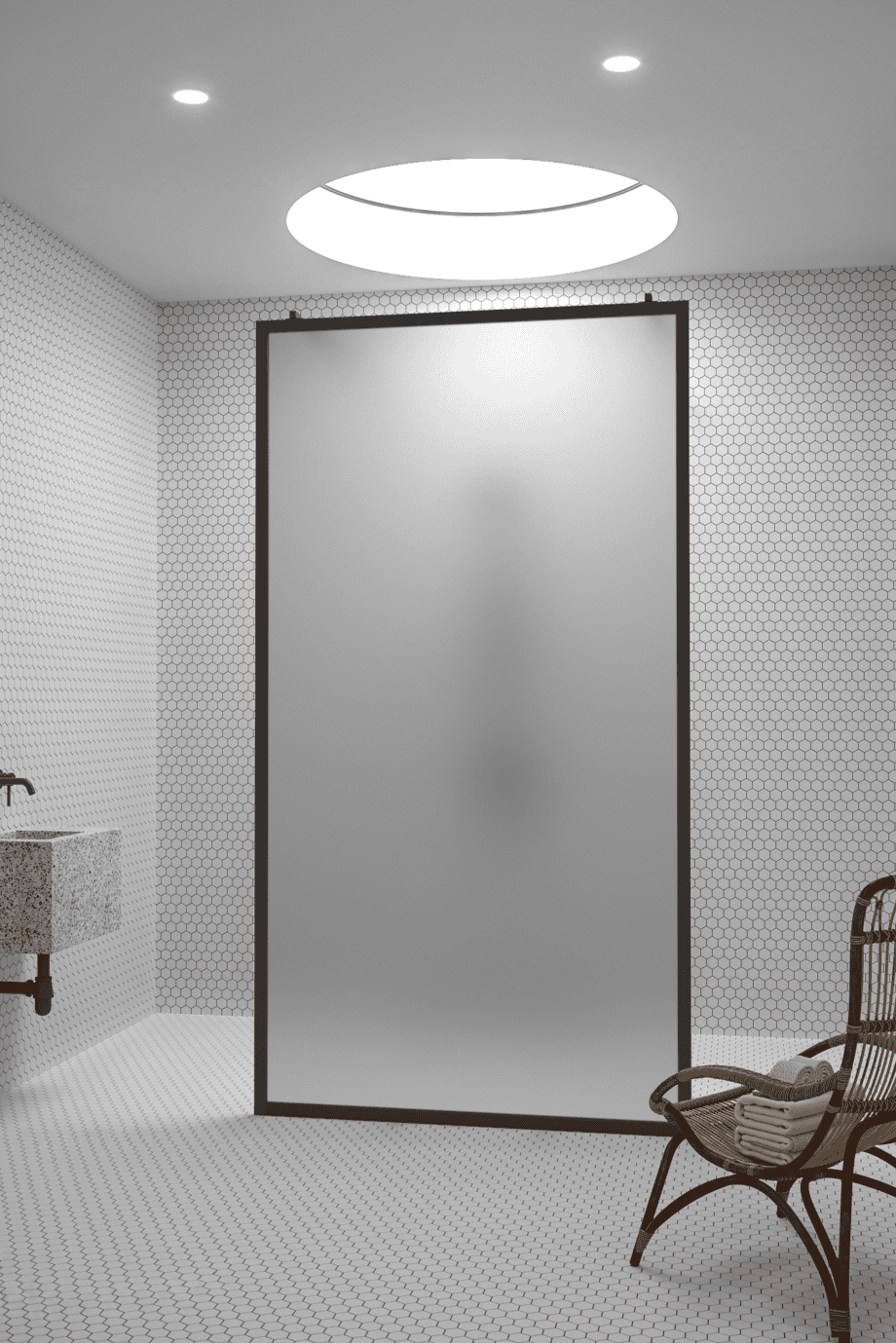 Walk-in-duschvägg Hietakari Bläk 712 New York, vit ram, satinerat glas Walk-in-duschvägg Hietakari Bläk 712 New York, vit ram, satinerat glas