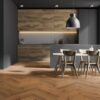 herringbone flooring Thede Witte oak knotty beveled brushed oiled, installed in the kitchen area