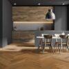 Herringbone flooring Thede & Witte Oak slightly knotty beveled brushed oiled, installed in the kitchen.