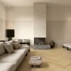 Fischgrät Laminatboden Quick Step Impressive Design Gardamom Oak, verlegt im Wohnzimmerboden, Sofa, Tisch und Kamin