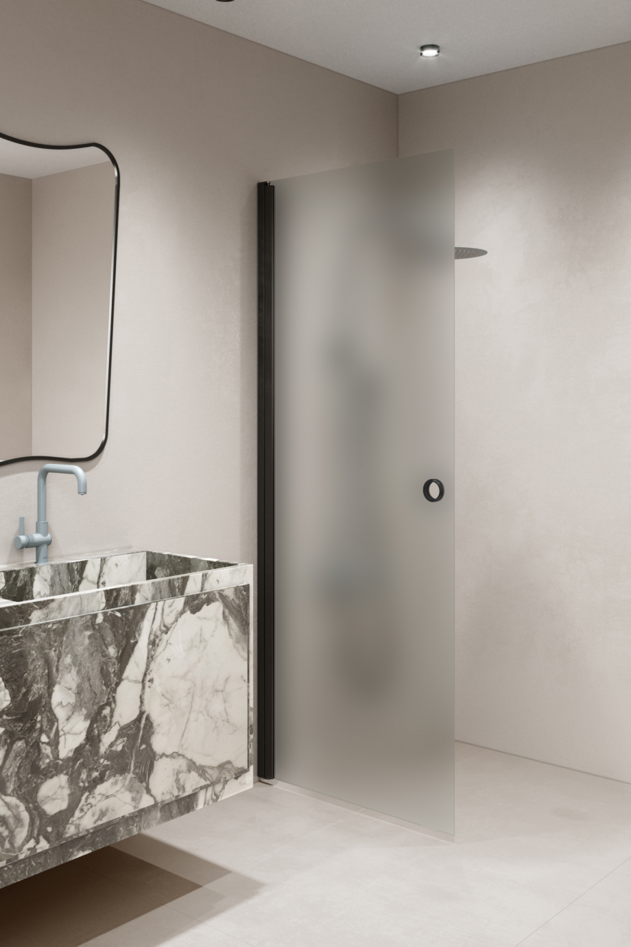 Svängbar duschdörr Hietakari Forma 302, svart ram, satinerat glas