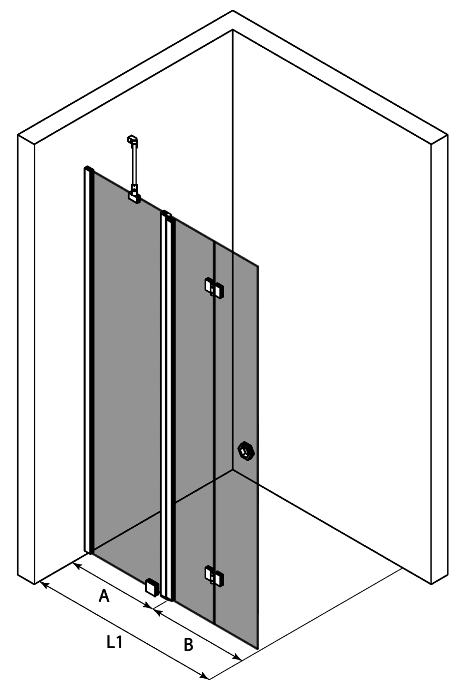 Vikbar duschvägg med fast del Hietakari Forma 305 – 3D-ritning Vikbar duschvägg med fast del Hietakari Forma 305 – 3D-ritning